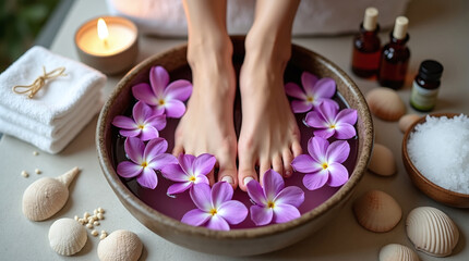a scene of relaxation and foot care. In the center of the frame are feet immersed in a wooden bowl of water. Pink flowers float in the water, creating the atmosphere of a spa treatment.