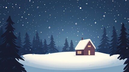 Fototapeta premium Snowy cabin winter forest night snowfall holiday card