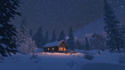 Cozy cabin, snowy forest, starry night, winter wonderland, holiday card