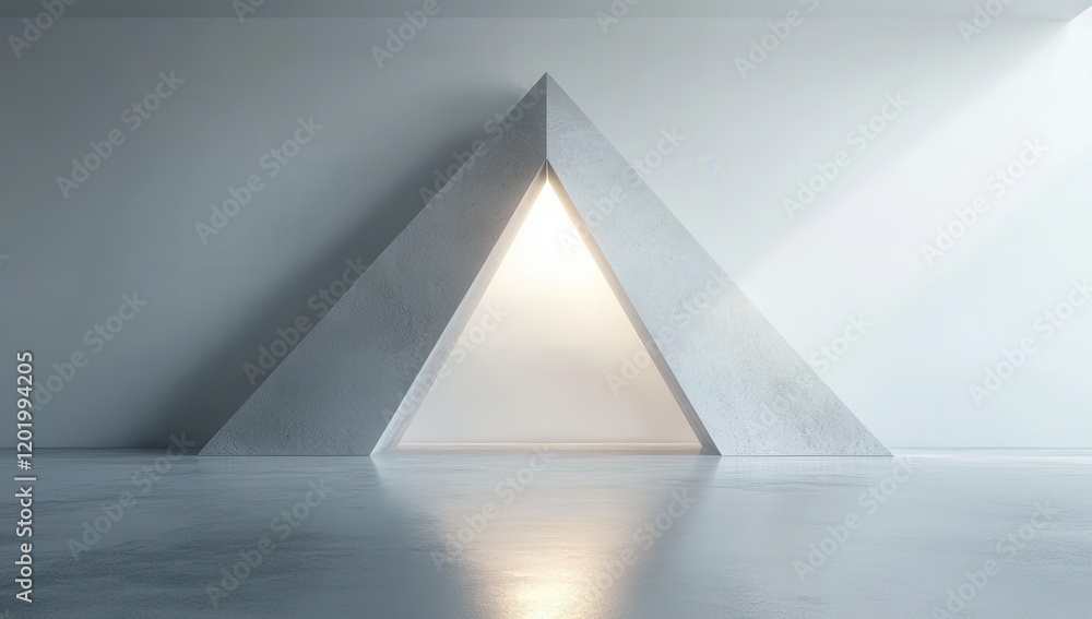 Poster minimalist geometric design featuring a large concrete triangle structure with a glowing light sourc
