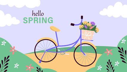 Hello spring greeting banner with bicycle and flower basket. Floral springtime hand drawn illustration.