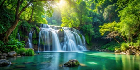 Fototapeta premium A tranquil waterfall scene with a lush green forest behind the falls, stream, landscape, trees