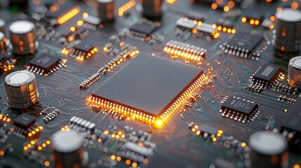 circuit board, components, functional Close-up of a circuit board with a glowing microchip and electronic components.