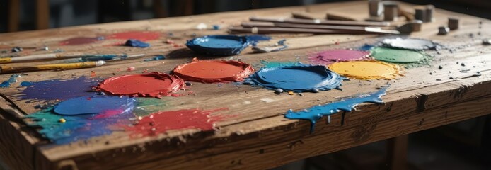 Fototapeta premium A paint-splattered palette on a wooden workbench in an art studio, messy workspace, palette setup, creative zone