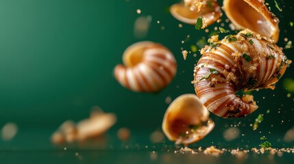 An enticing culinary creation featuring shells garnished with fresh herbs, dramatically suspended in a burst of flavor, inviting the viewer to savor a gastronomic delight.