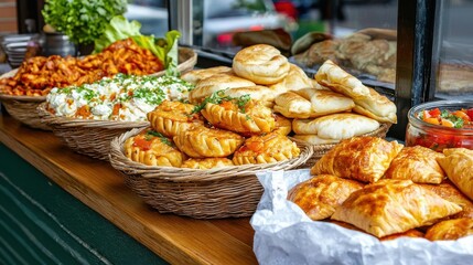 Fototapeta premium Latin american festival food. A warm and cheerful display of Bolivian street food during a celebration, showcasing local delicacies