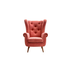 Fototapeta premium Pink Wingback Armchair: A sophisticated and comfortable pink wingback armchair, upholstered in soft velvet with button tufting, stands invitingly in the center of the frame.