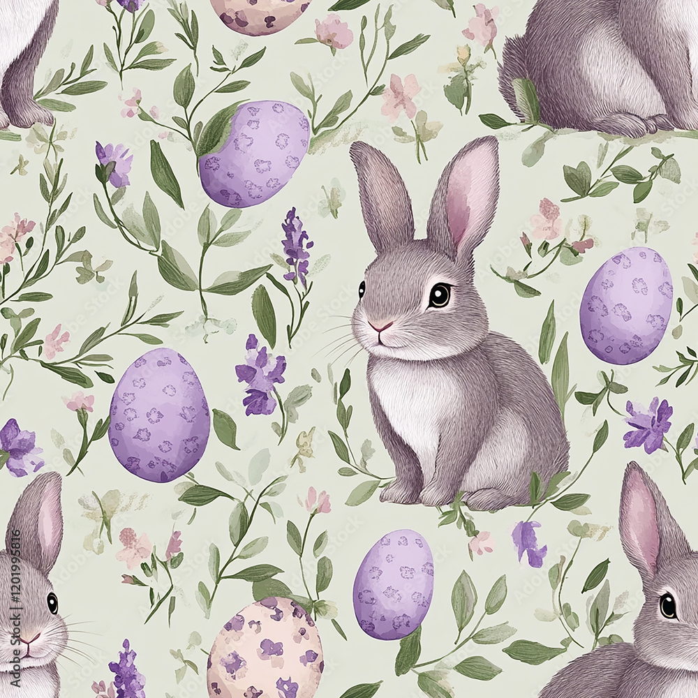 Poster easter pattern of rabbits and eggs with a purple background. the rabbits are sitting on the ground a