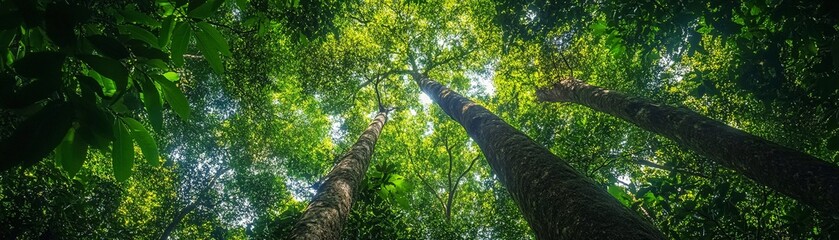 Fototapeta premium Upward View Through Dense Tropical Forest Canopy Showcasing Rich Biodiversity and Natural Ecosystem Supporting Environmental Sustainability in Carbon Reduction Process