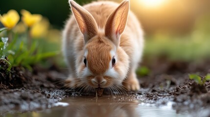 Fototapeta premium A charming rabbit is sipping water from a puddle in a sunlit garden, surrounded by vibrant flowers and greenery, showcasing nature's beauty.