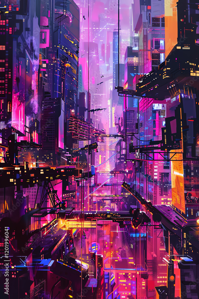 Aufkleber imagine a cyberpunk cityscape seen from a unique cubist-inspired viewpoint;play with shapes, lines, 