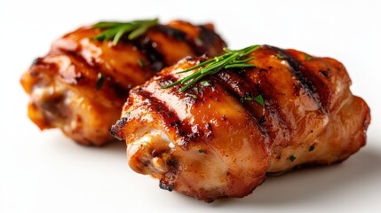 Grilled chicken thighs with perfect grill marks, seasoned and glistening, serving as an enticing meal option that highlights tasteful culinary artistry and appetite appeal.