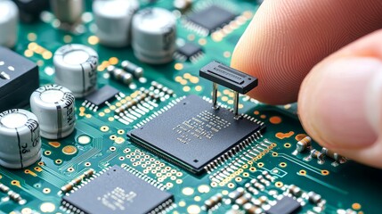 circuit board, components, functional Close-up of a person placing a microchip onto a circuit board.