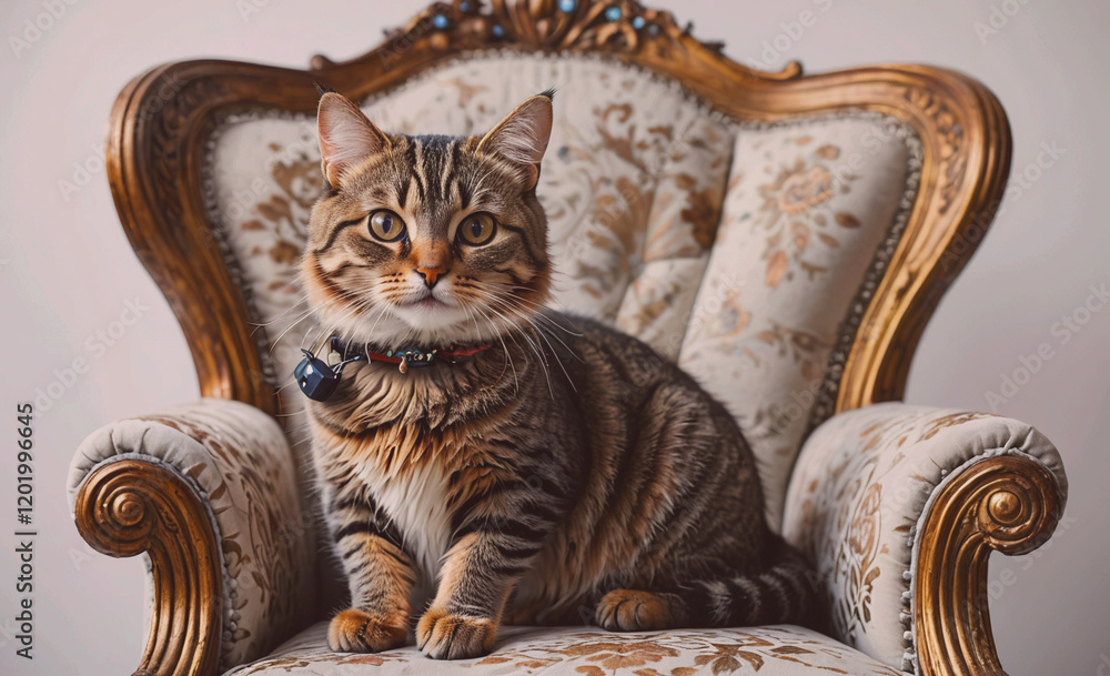 Poster a cat is sitting on a chair with a collar around its neck. the chair is made of wood and has a flora