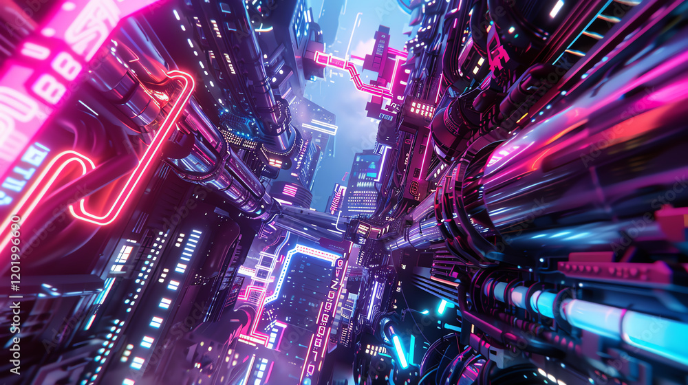 Poster immerse in a pixelated, futuristic world with a low-angle view of a neon-lit robot, blending cg 3d r