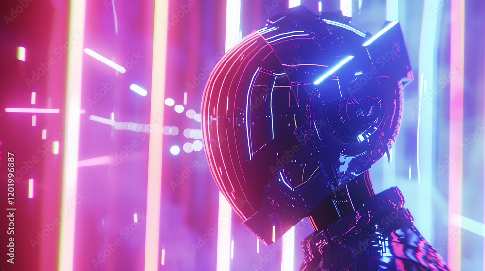 Poster immerse in a pixelated, futuristic world with a low-angle view of a neon-lit robot, blending cg 3d r