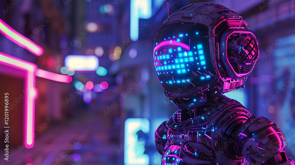 Poster immerse in a pixelated, futuristic world with a low-angle view of a neon-lit robot, blending cg 3d r