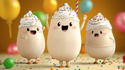 Festive Cute Cartoon Characters Celebrating with Ice Cream Treats