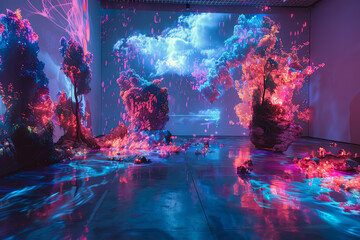 Immerse viewers in a surreal scene where holographic projections of memories intertwine with neural pathways, depicted using a vibrant palette and unconventional camera angles for a mind-bending visua