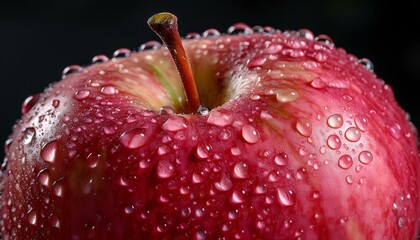a captivating close up photograph of a perfectly ripe red pink apple meticulously captured with exceptional detail the apple s surface glistens with water droplets creating an enticing and dynamic