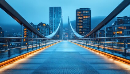 Fototapeta premium Modern architectural bridge with glowing lights at twilight, surrounded by contemporary city buildings and foggy mountains in the background, capturing urban elegance and tranquility