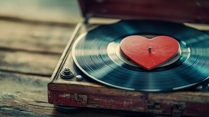 Heart shaped red heart positioned on a vinyl record against a dark background