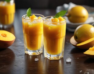Fototapeta premium A refreshing glass of mango juice filled with ice cubes resting on a table, ice cubes, mango juice