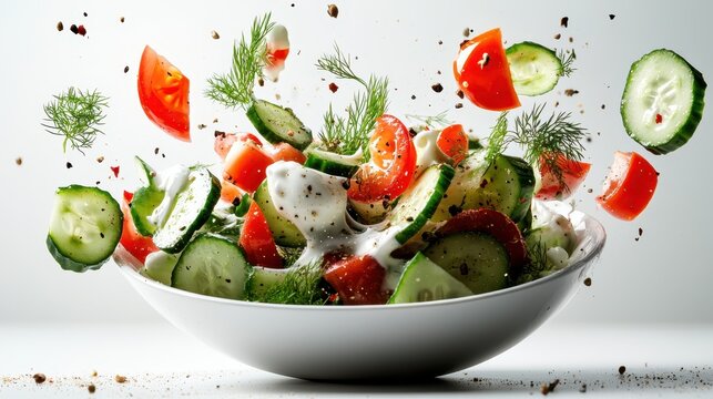 A dynamic salad composed of flying cucumbers and ripe tomatoes, capturing a lively essence of freshness and healthy eating, bursting with color and flavor.