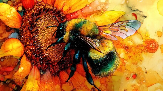 Vibrant bee pollinating sunflower, abstract background, nature print