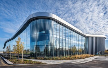 Fototapeta premium Modern Architectural Building with Sleek Glass Facade and Curved Roof under Blue Sky with Wispy Clouds, Surrounded by Lush Green Landscaping in a Commercial Area