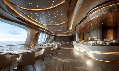 Luxurious dining area with ocean views and elegant lighting on a cruise ship or yacht