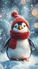 Adorable penguin in a red winter hat and scarf.