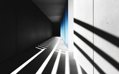 Obraz premium Modern Architectural Corridor with Geometric Shadows Cast by Bright Blue Walls and Concrete Surface, Creating a Playful Interaction of Light and Dark