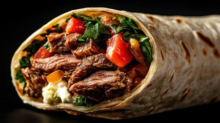 This nutritious steak wrap is brimming with fresh vegetables and tender meat, making it a flavorful choice for a balanced lunch or a hearty snack bursting with energy.