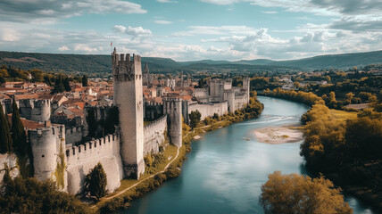 Obraz premium medieval castle perched on a cliff, with expansive stone walls and turrets bathed in the soft light of golden hour,