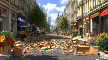 City street littered with trash, flowers; sunny day