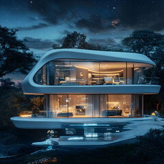 Fototapeta premium Futuristic Smart Home Night View Modern Architecture Eco House