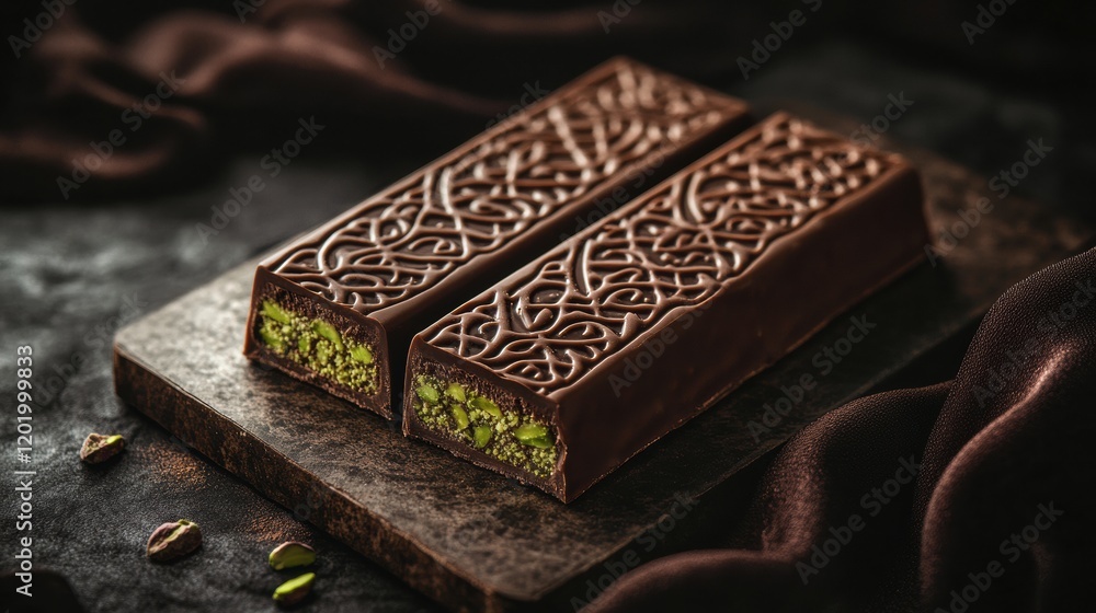 Poster delicious chocolate bars filled with pistachio on a decorative golden plate with intricate arabic pa