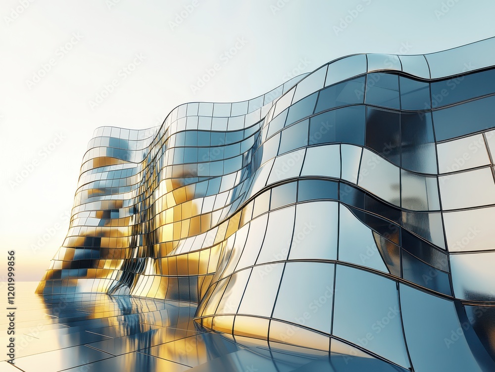 Poster modern architectural design featuring a fluid wave structure with reflective surfaces, showcasing in