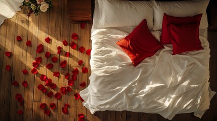 Bed with white comforter and red pillows in brightly lit bedroom setting