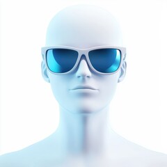 Futuristic mannequin with white sunglasses and blue lenses portrait