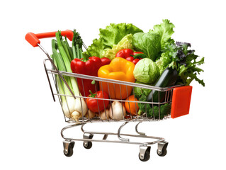 supermarket shopping cart full of groceries on transparent background.