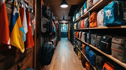 A travel locker set in a bustling hostel, filled with international flags, travel journals, and souvenirs