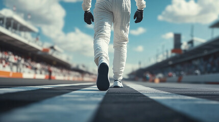 a cinematic close-up shot of a white suited f1 driver walking while crossing the finish line of a grand prix