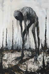 Portray a surreal dystopian figure in a desolate landscape, employing unexpected camera angles to enhance the eerie atmosphere Traditional art medium, acrylic, pen and ink