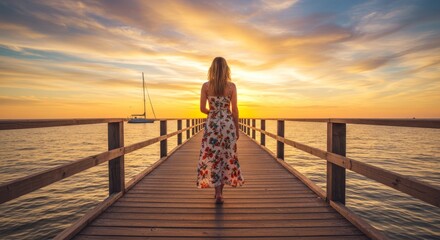 Fototapeta premium Woman walking on wooden pier during golden hour sunset with floral dress representing peaceful exploration freedom and connection with nature for summer outdoor vacation and tranquility concept