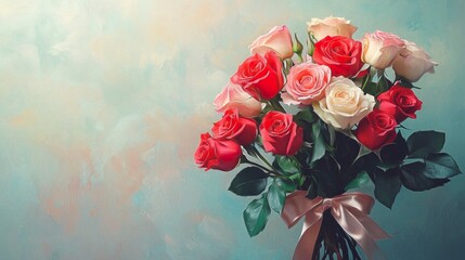 Fototapeta premium Painting of a colorful bouquet of roses with green leaves on a white background