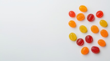 A colorful assortment of jelly candies arranged in a heart shape against a plain background, evoking a playful and cheerful vibe.