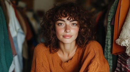 A charming woman with beautiful curly hair is captured in a stylish and cozy outfit, reflecting her individuality and warmth in a well-curated wardrobe setting.