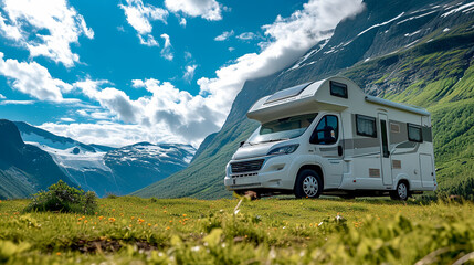 Mobile home on the road. Holiday in the mountains	